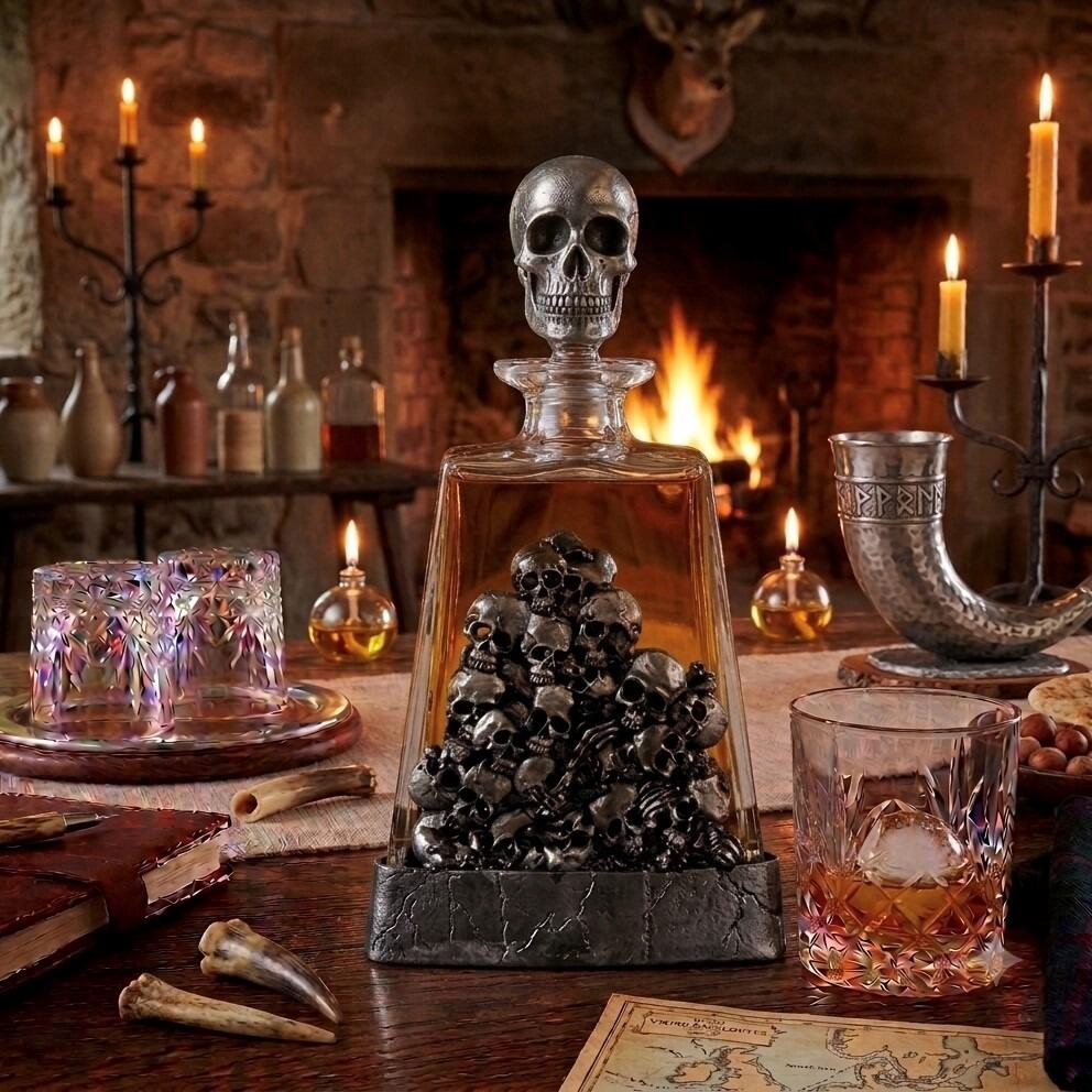A clear glass spirits decanter filled with amber liquid, sitting in a dark, stone-textured pewter base. The front of the decanter is adorned with a large, highly detailed pewter relief depicting a piled pyramid of small human skulls. The bottle is sealed with a glass stopper topped by a prominent, sculpted pewter skull