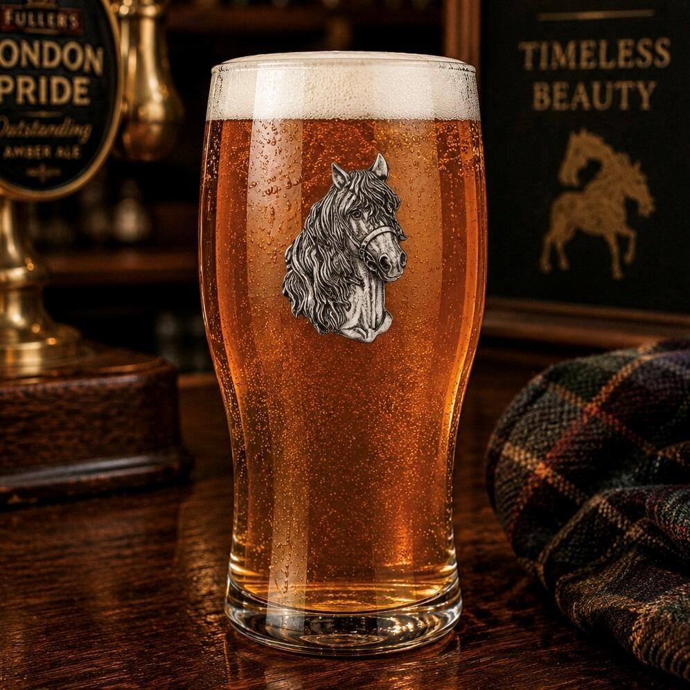 Pint glass with handmade pewter horse badge featuring flowing mane and noble stance filled with golden beer