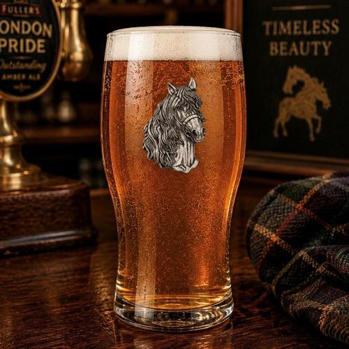 Pint glass with handmade pewter horse badge featuring flowing mane and noble stance filled with golden beer