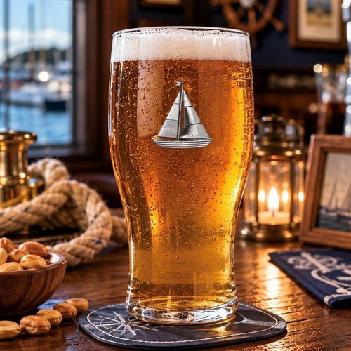 Pint glass with handmade pewter sailing boat with billowing sails and rigging badge filled with golden beer