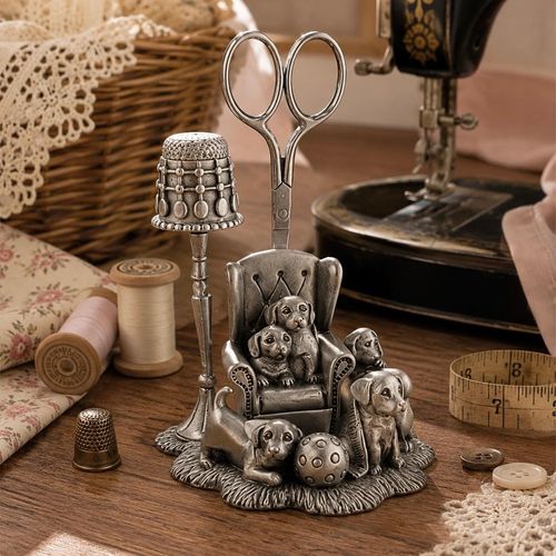 Vintage-style pewter puppy sewing station featuring multiple detailed puppy figurines, an armchair scissor holder, a small toy ball, and a tall floor lamp thimble stand