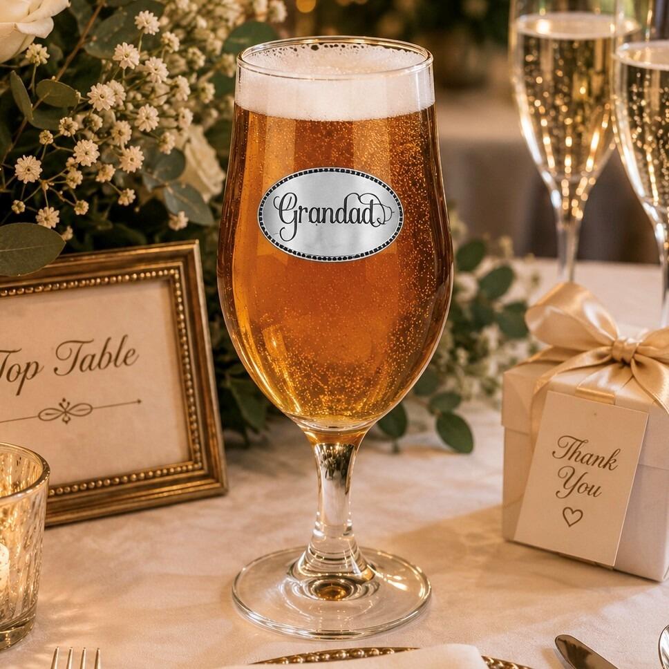 A Stemmed Pint Beer Glass with a Pewter Grandad badge on the front, filled with Beer