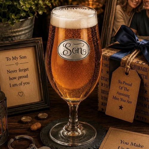 A Stemmed Pint Beer Glass with a Pewter Son badge on the front, filled with Beer