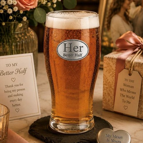 Pint glass with handmade pewter "her" badge featuring elegant script lettering filled with golden beer