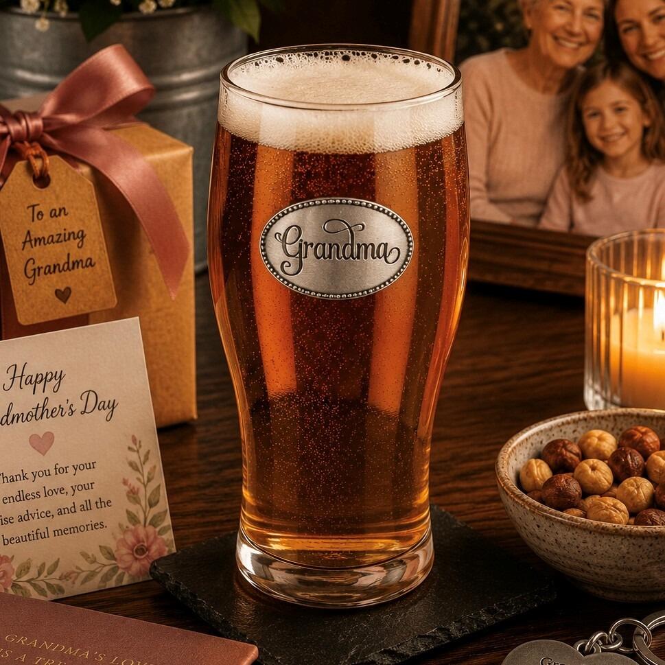 Pint glass with handmade pewter grandma badge filled with golden beer