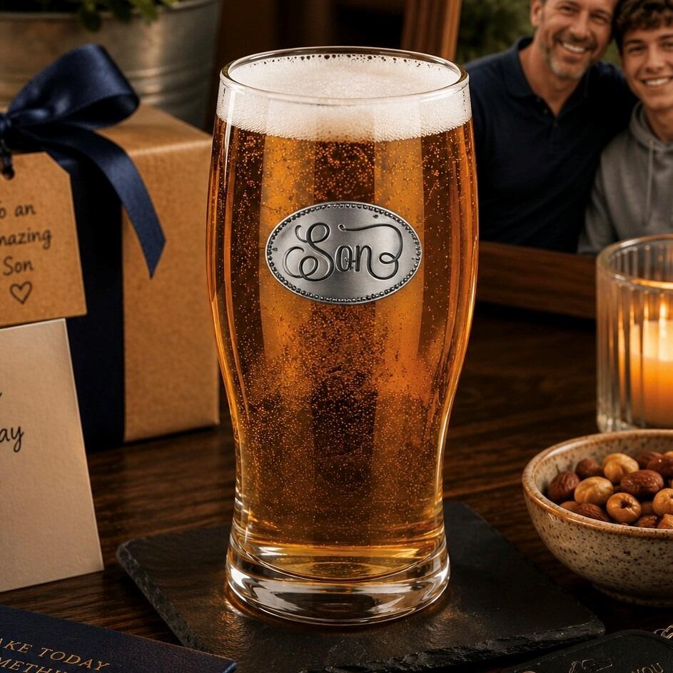 Pint glass with handmade pewter “Son” badge, filled with golden beer
