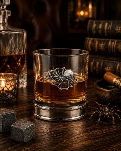 A Whisky Tumbler with a Pewter Spider badge on the front