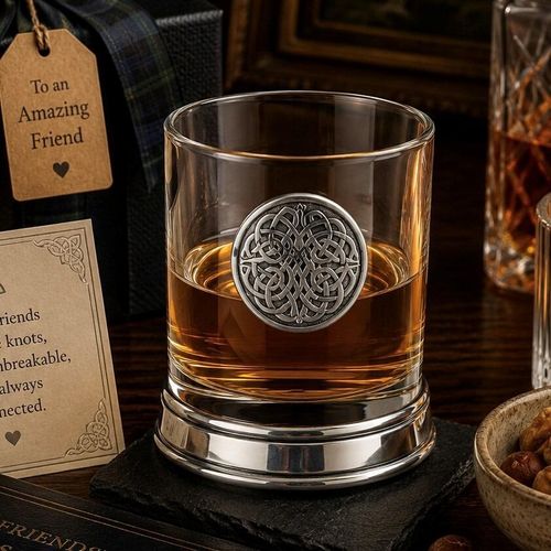 Whisky tumbler with pewter Never Ending Knot emblem and polished base, partially filled with amber liquid