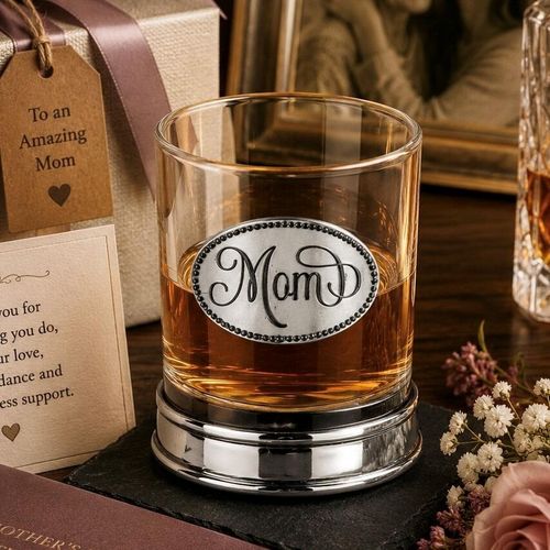 Whisky tumbler with pewter 'Mom' badge and polished base, partially filled with amber liquid