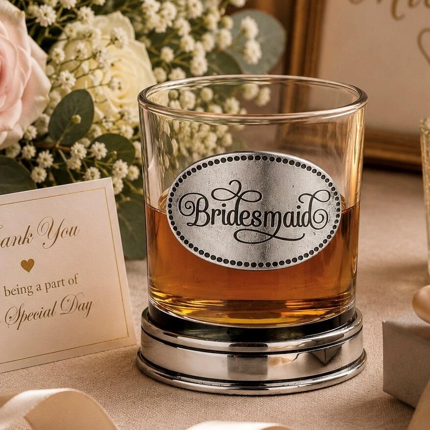 Whisky tumbler with pewter 'Bridesmaid' badge and polished base, partially filled with amber liquid
