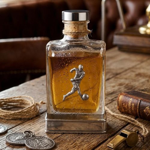 Handcrafted glass hip flask with pewter base featuring detailed football player emblem on front
