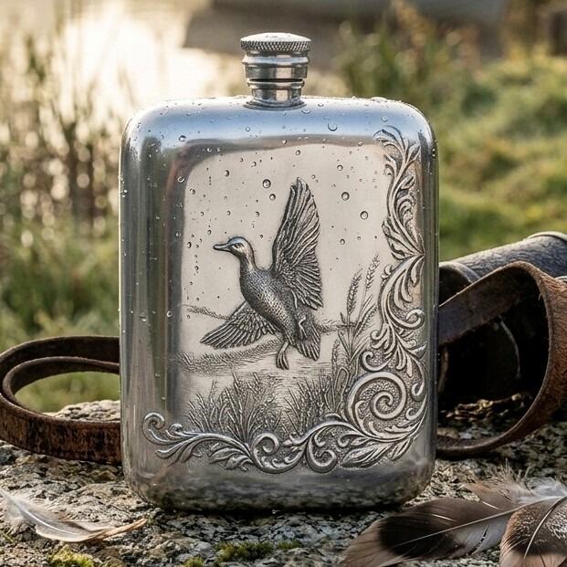 Engraved pewter hip flask featuring a mallard duck in flight with ornate scrollwork detailing, displayed outdoors near water with feathers