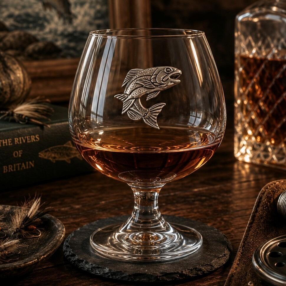 Crystal brandy glass with A E Williams pewter salmon emblem, partially filled with amber liquid