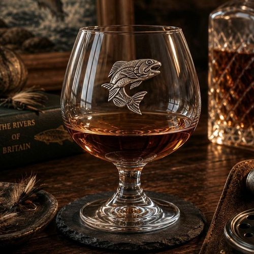 Crystal brandy glass with A E Williams pewter salmon emblem, partially filled with amber liquid