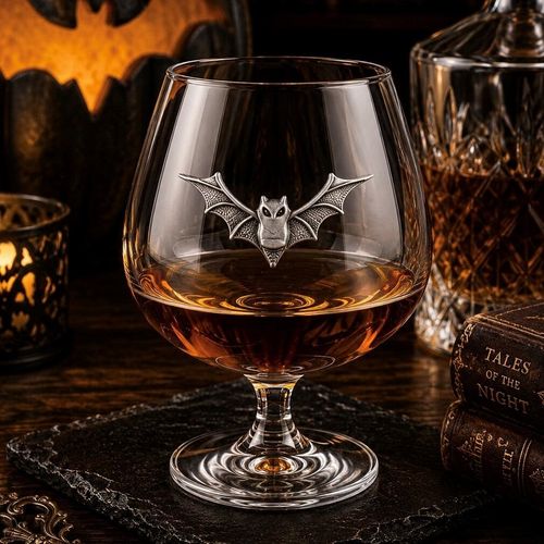 Crystal brandy glass with pewter bat emblem, partially filled with amber liquid