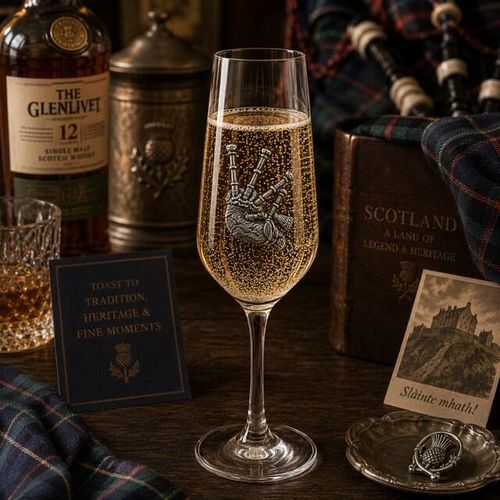 Crystal champagne flute with pewter bagpipes emblem, filled with bubbly champagne