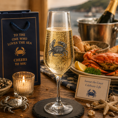 A Champagne Flute with a Pewter Crab badge on the front, filled with Champagne