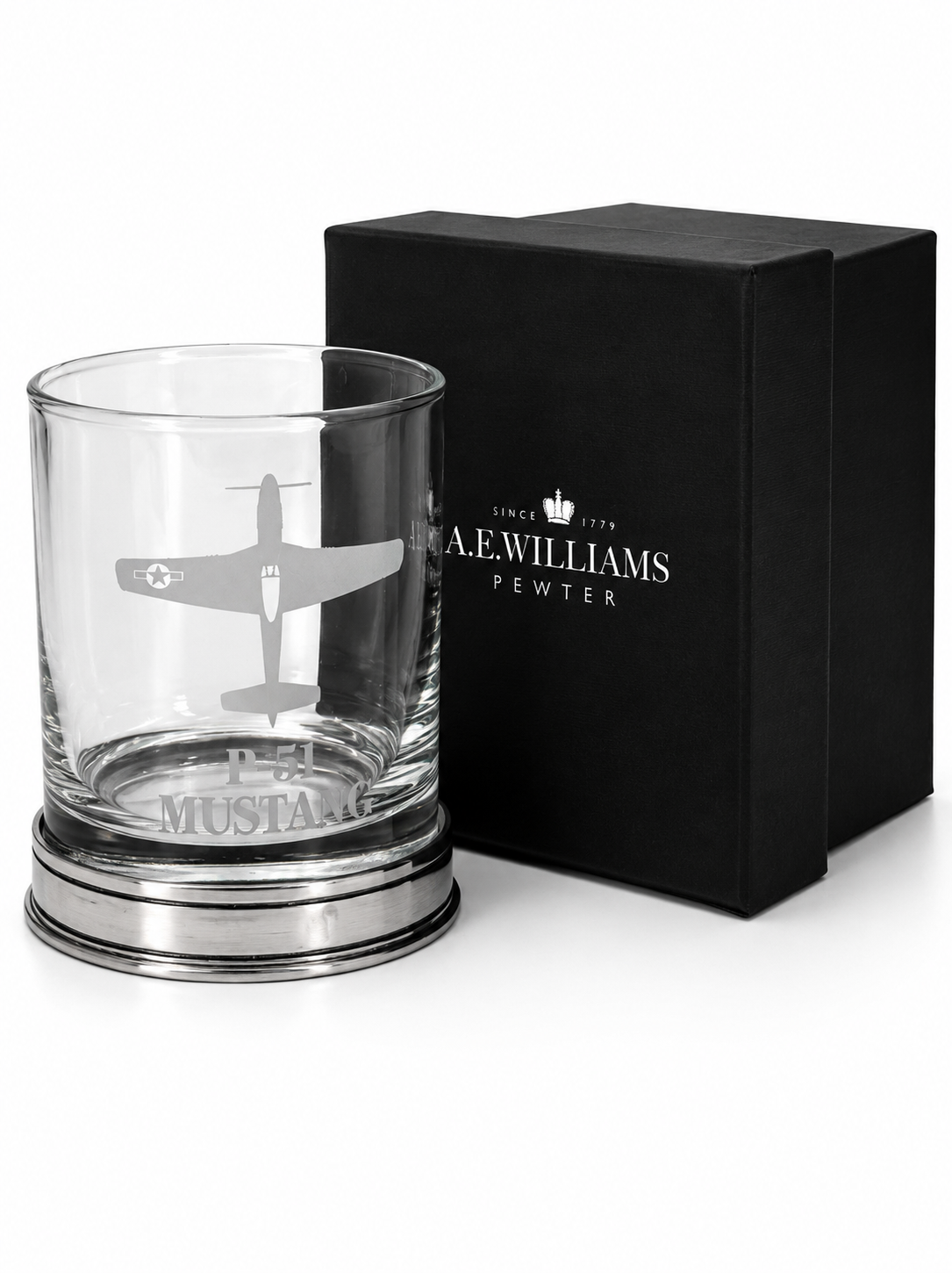 p-51 mustang pewter whisky tumbler with A E Williams box