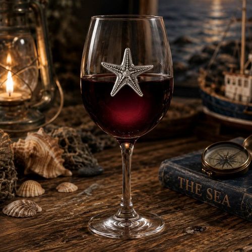 Wine glass with handmade pewter star fish badge filled with red wine