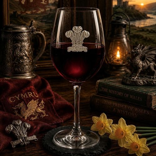 Wine glass with handmade pewter Welsh feathers badge filled with red wine
