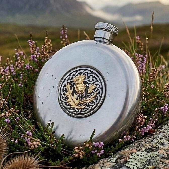 Polished-finish round pewter hip flask featuring a central two-tone medallion with a gold-plated Scottish thistle over a pewter Celtic knotwork design, resting outdoors in a patch of wild purple heather
