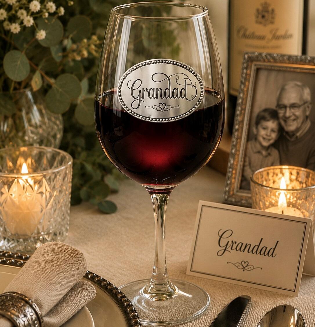 Wine glass with handmade pewter grandad badge filled with red wine