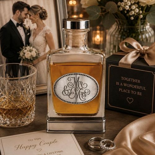 Handcrafted glass hip flask with pewter base featuring detailed Mr & Mrs emblem on front