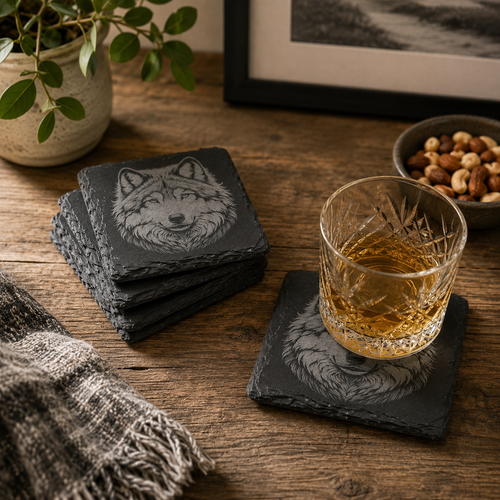 Wolf Coasters in slate on a table, in a rustic charm environment