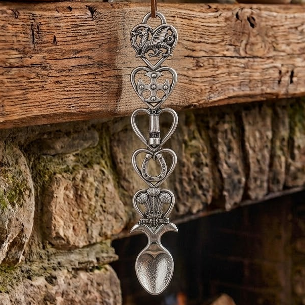 Handcrafted pewter Welsh lovespoon hanging against a wooden beam and stone fireplace, featuring heart-shaped frames enclosing a Welsh dragon, a Celtic cross, a bell, a horseshoe, and the Prince of Wales feathers emblem above a spoon bowl.