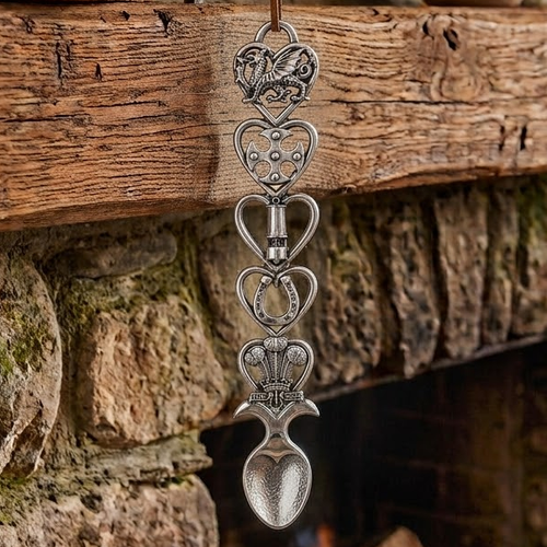 Handcrafted pewter Welsh lovespoon hanging against a wooden beam and stone fireplace, featuring heart-shaped frames enclosing a Welsh dragon, a Celtic cross, a bell, a horseshoe, and the Prince of Wales feathers emblem above a spoon bowl.