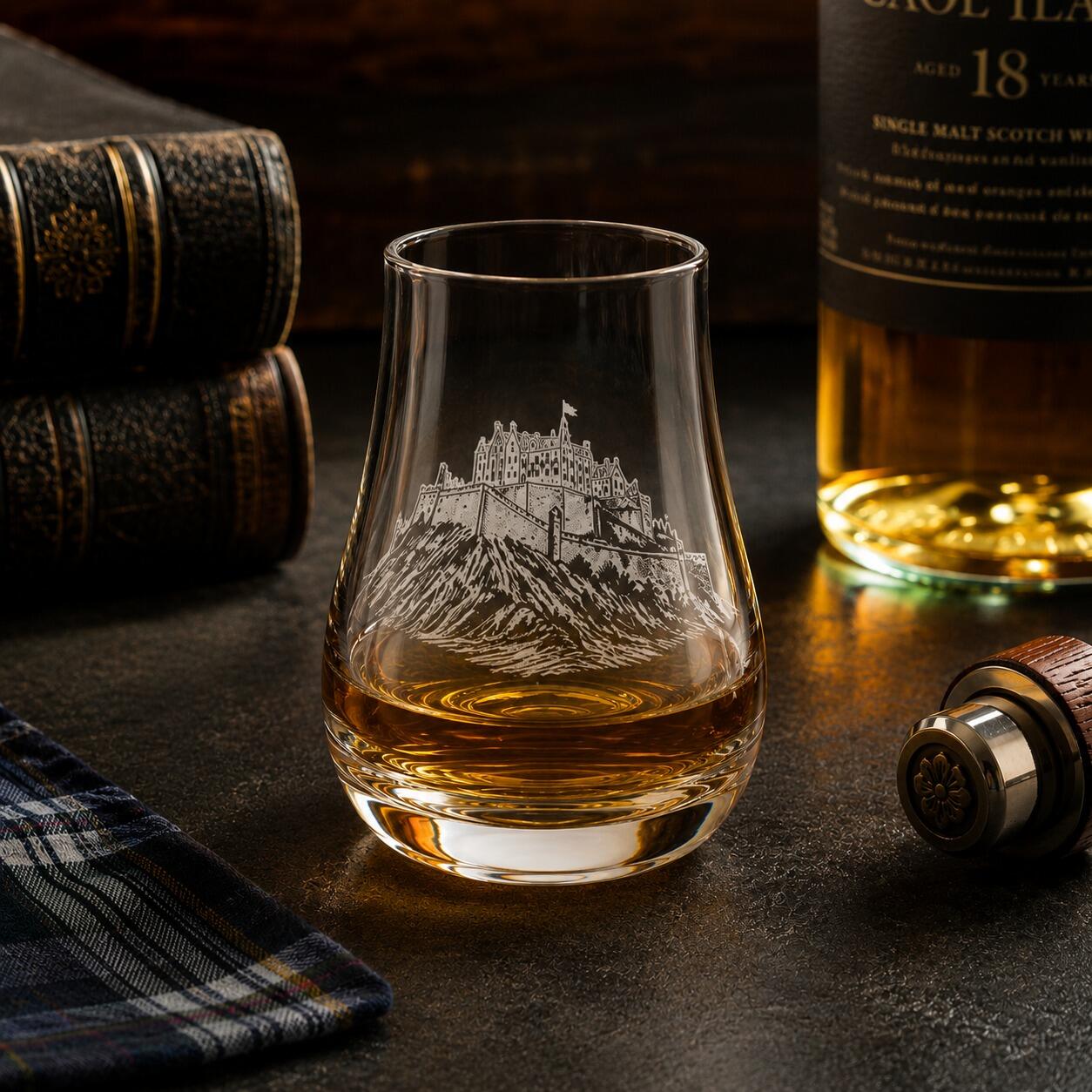 Edinburgh Castle engraved whisky tasting glass with Scotch whisky in a rustic distillery setting