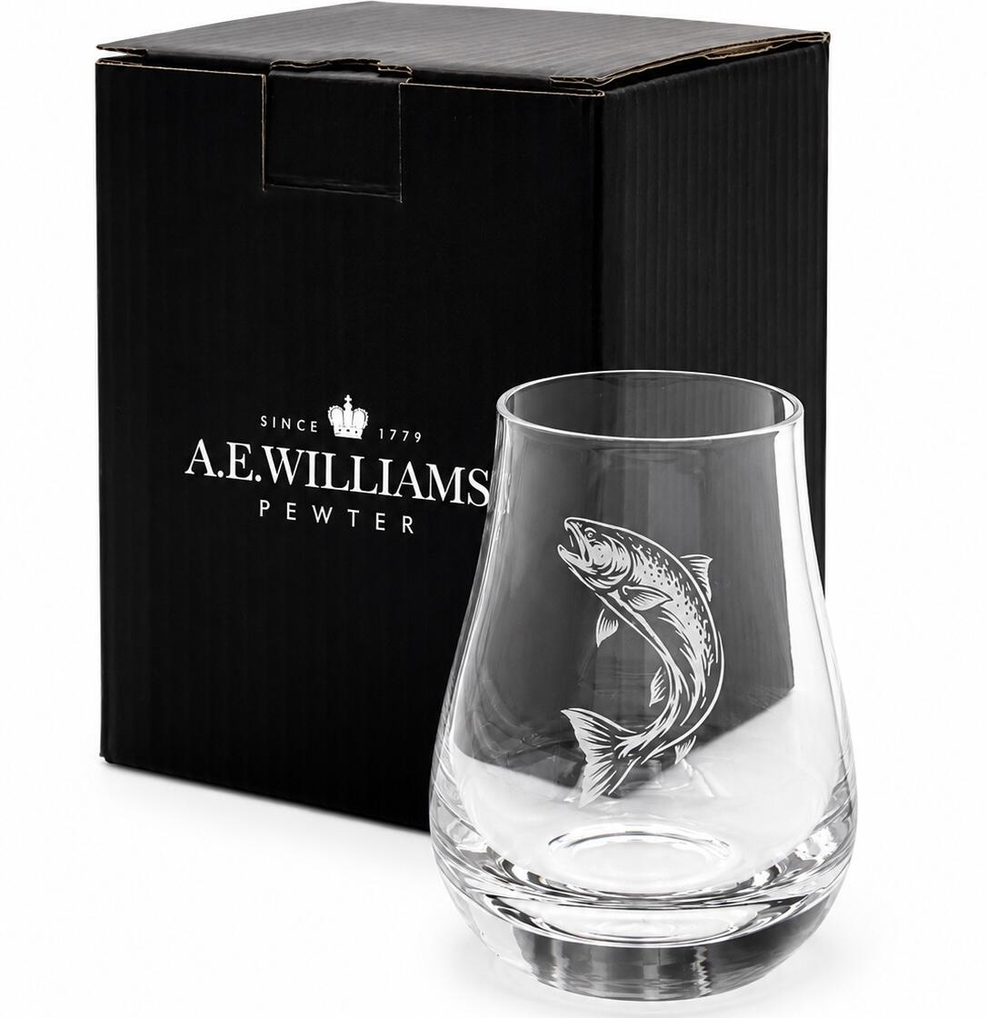 Leaping Salmon engraved whisky taster glass beside A E Williams gift box