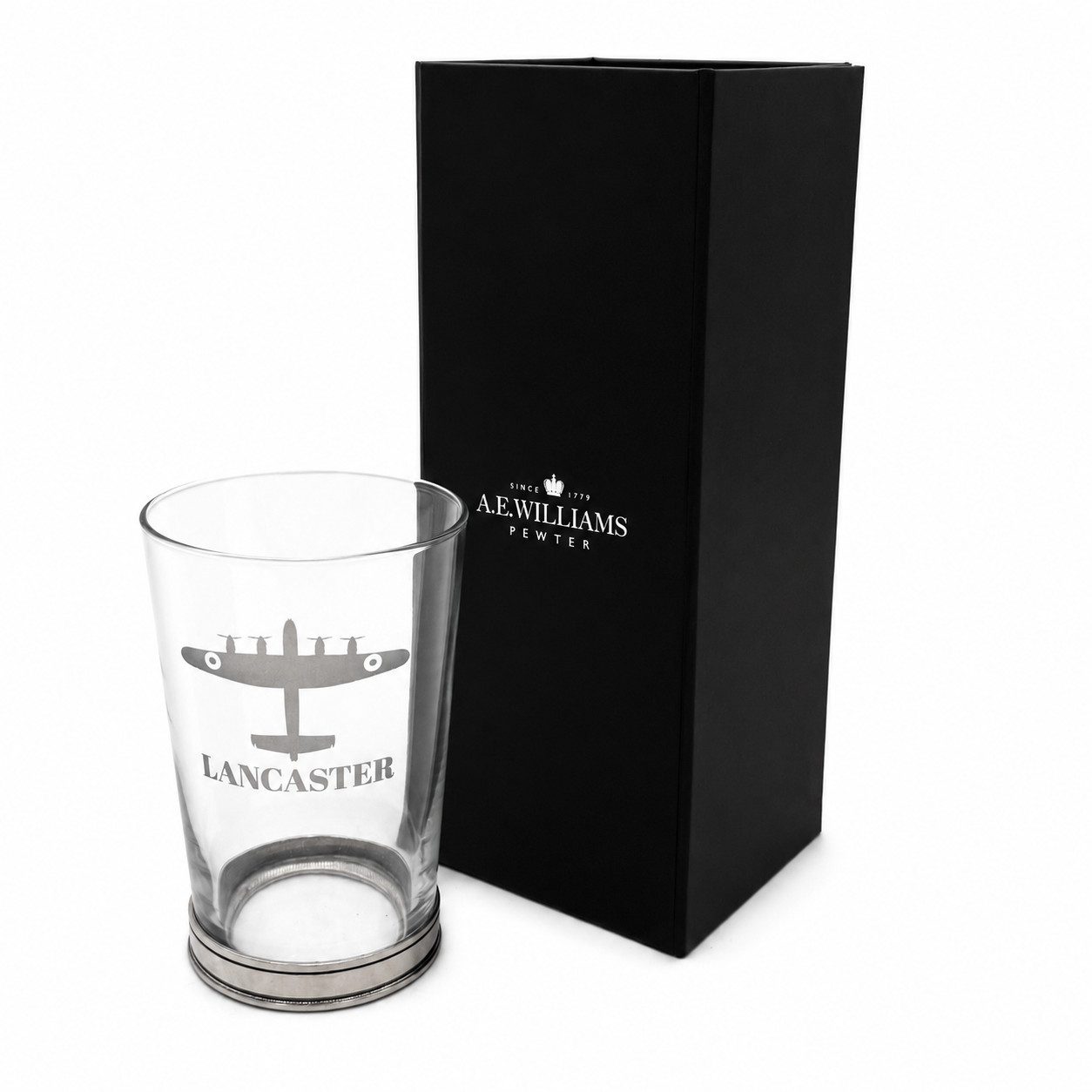 Lancaster Bomber engraved pint glass presented with A E Williams gift box
