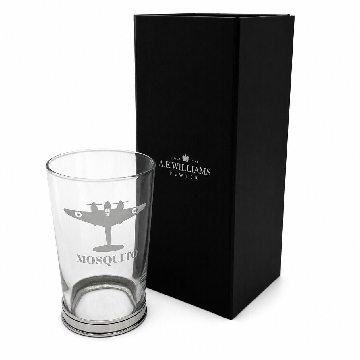 De Havilland Mosquito pint beer glass with A E Williams presentation gift box