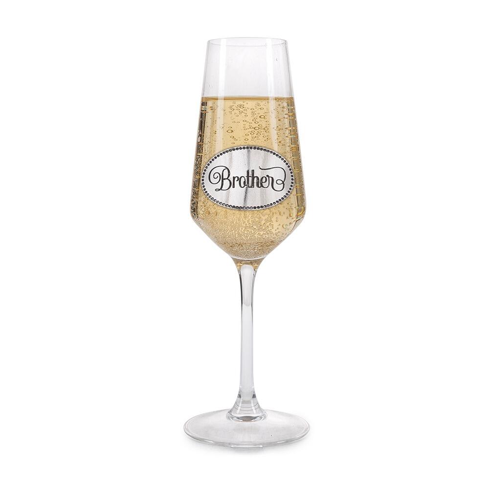 A Champagne Flute with a Pewter Brother badge on the front, filled with Champagne