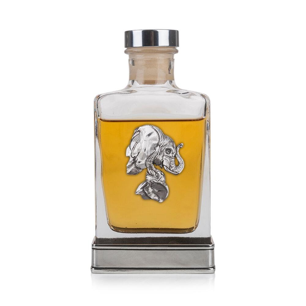 Handcrafted glass hip flask with pewter base featuring detailed elephant emblem on front