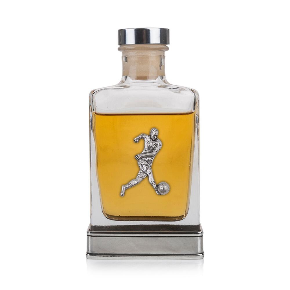 Handcrafted glass hip flask with pewter base featuring detailed football player emblem on front