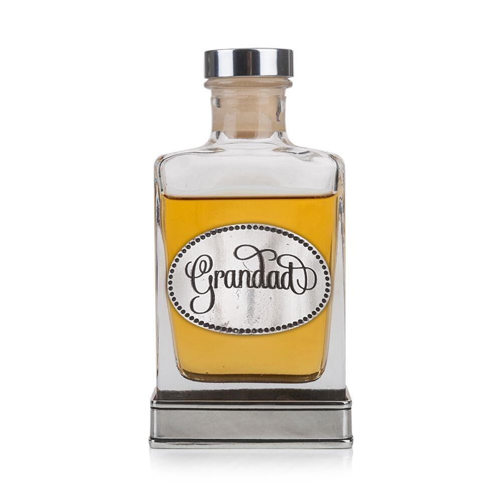 Handcrafted glass hip flask with pewter base featuring detailed grandad emblem on front