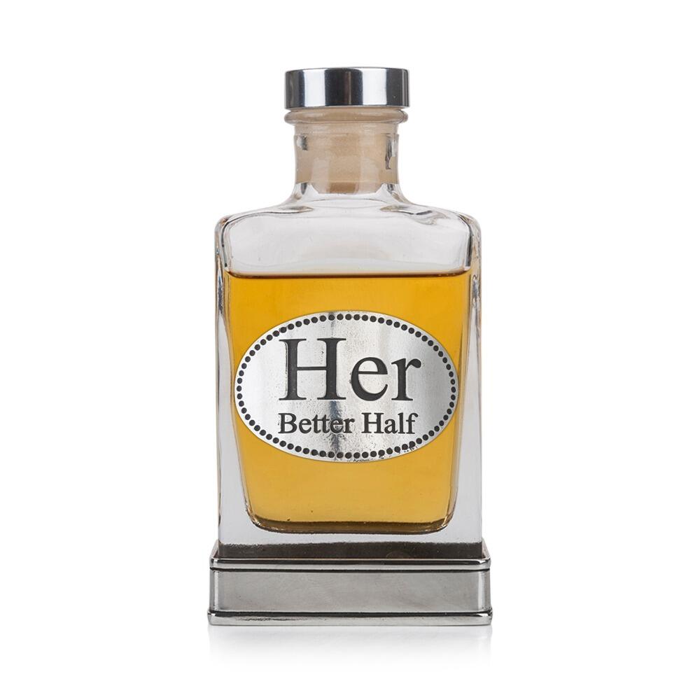 Handcrafted glass hip flask with pewter base featuring detailed her better half emblem on front