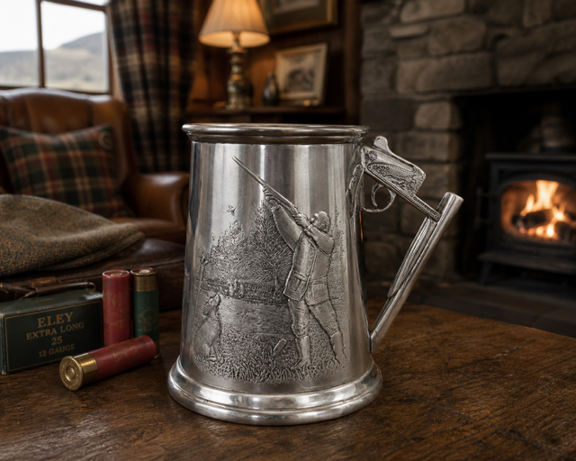 A traditional pewter hunting tankard featuring a detailed embossed relief of a marksman aiming a shotgun at a bird, with a gundog sitting in the grass beside him. The tankard features a unique handle cleverly shaped like the stock, receiver, trigger, and barrels of a shotgun