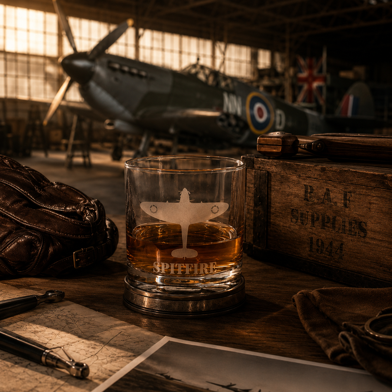 An engraved Spitfire Tumbler with Pewter base, in a Hangar