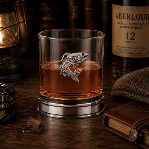 Whisky tumbler with pewter salmon fish emblem and polished base, partially filled with amber liquid