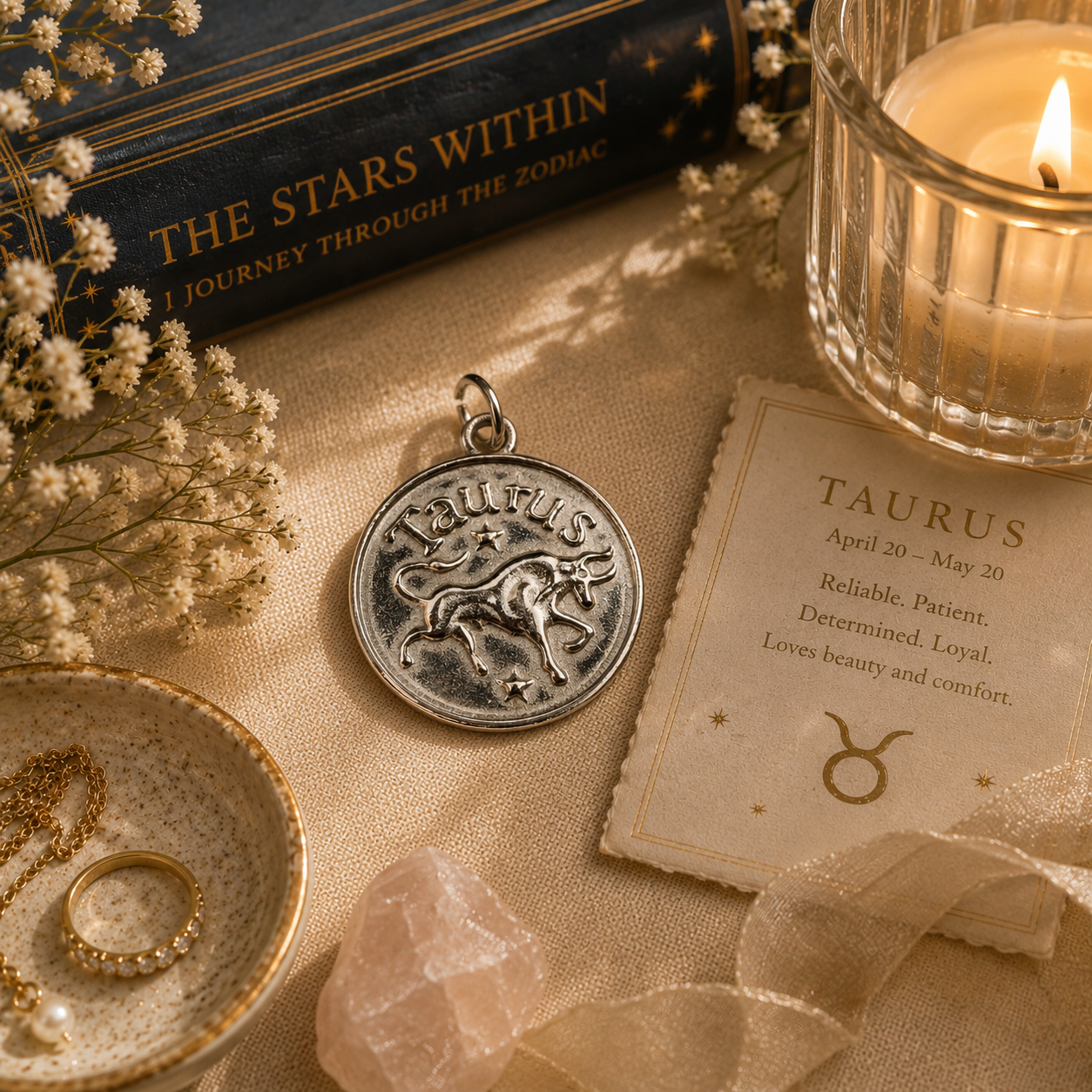 A pewter Taurus Charm on a Table
