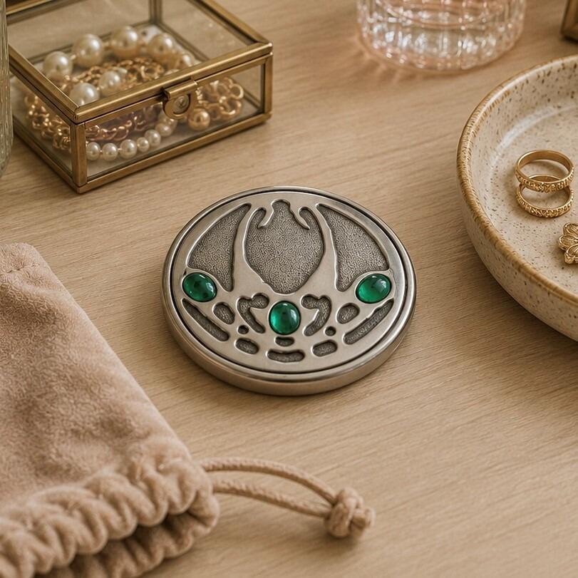 Round pewter compact purse mirror featuring an intricate Archibald Knox Art Nouveau style cutout design with three smooth green cabochon gems