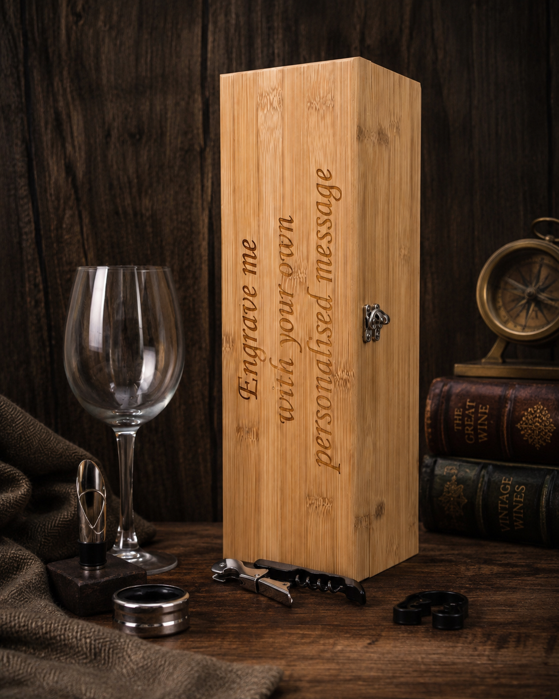 Personalised engraved bamboo wine gift box displayed with a wine glass, corkscrew, and wine accessories on a rustic wooden table against a warm heritage-inspired backdrop