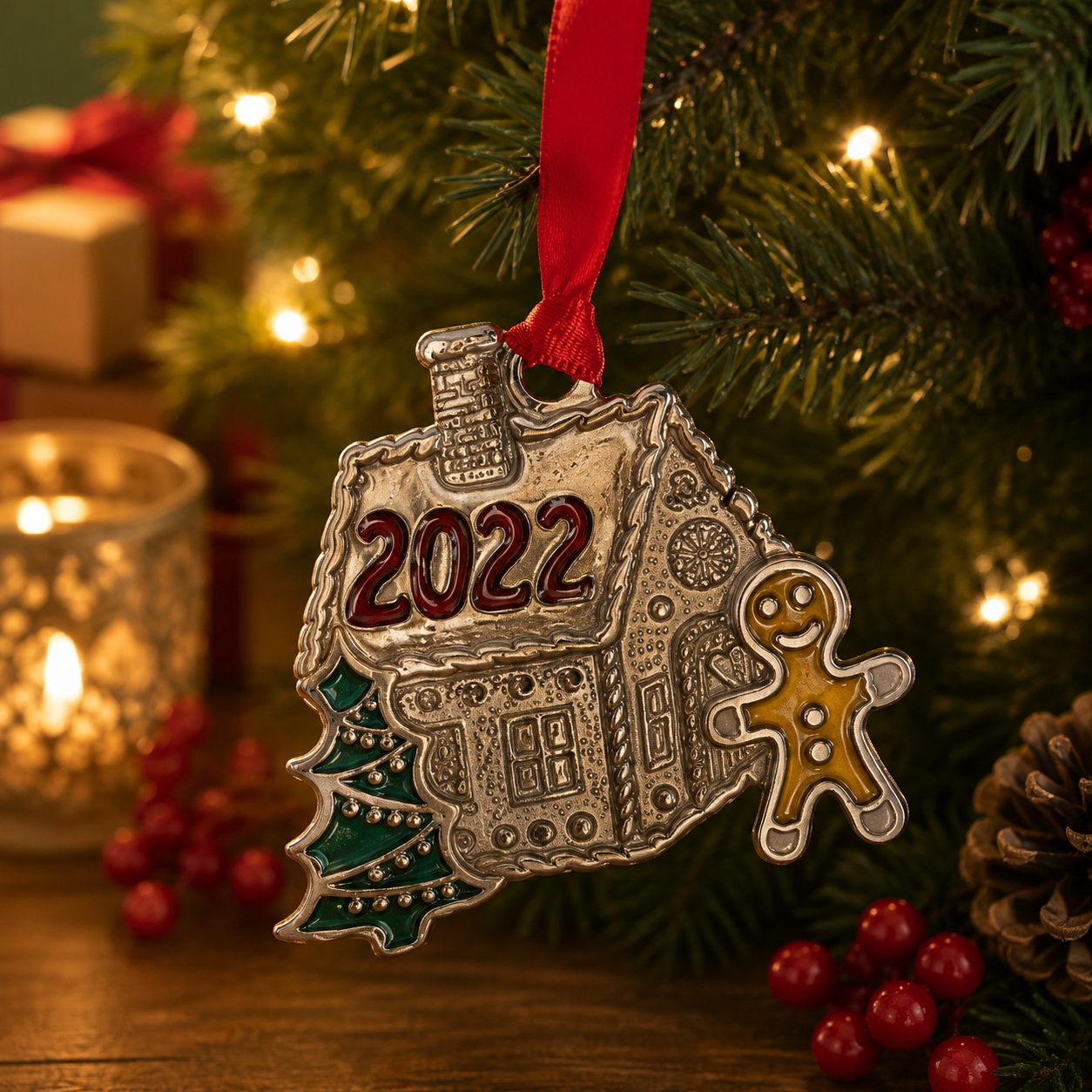 Handcrafted pewter 2022 Christmas ornament featuring a gingerbread house, gingerbread man and Christmas tree with colourful enamel details, hanging on a festive Christmas tree with warm holiday lights.
