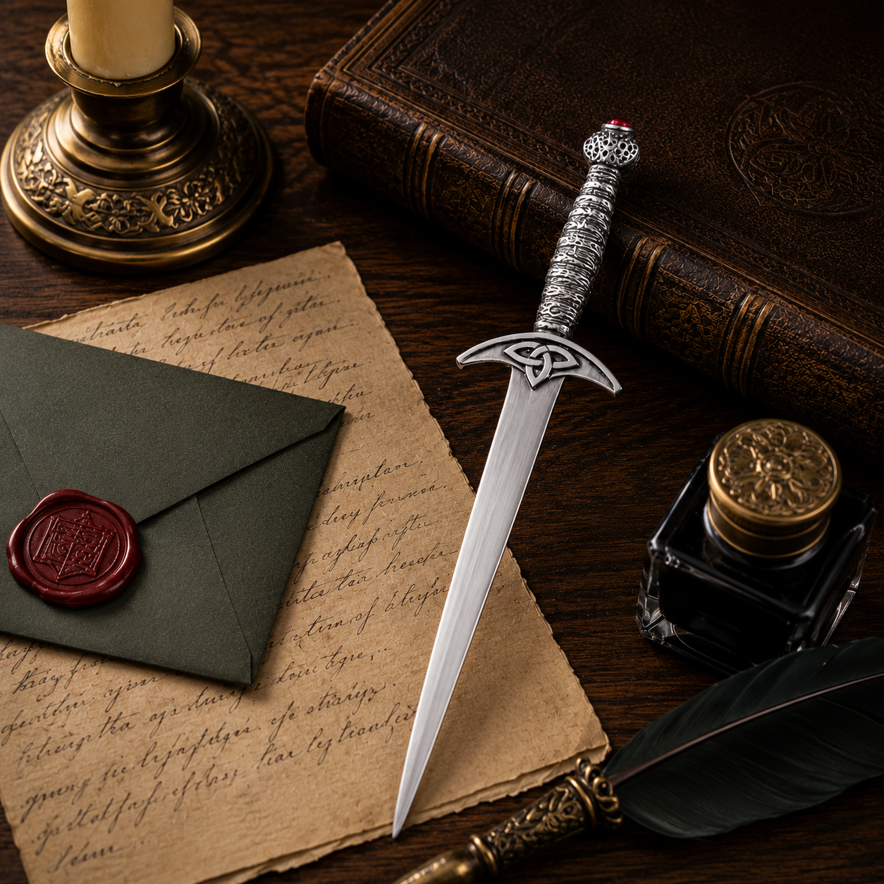Handcrafted pewter Celtic sword letter opener featuring detailed Celtic knotwork and medieval-inspired design, displayed with antique writing accessories on a traditional desk.