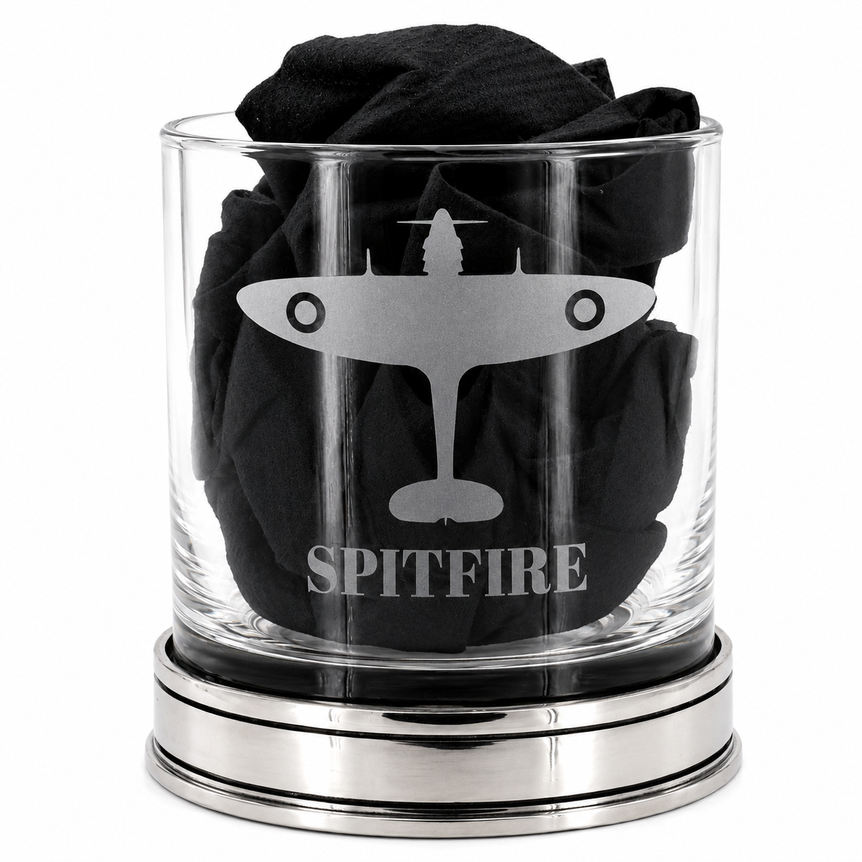 spitfire whisky tumbler with pewter base and black tissue inside