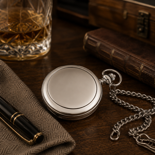 Handcrafted pewter pocket watch lifestyle image resting on a wooden desk with a large plain pewter front insert, pocket watch chain, tweed fabric and vintage accessories in warm ambient light