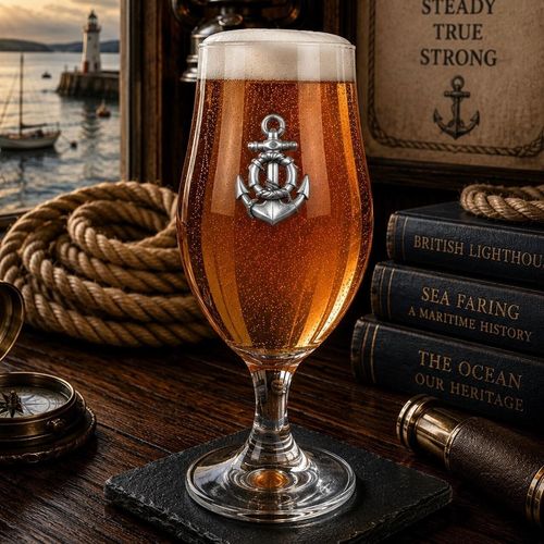 A stemmed beer chalice filled with golden ale and a frothy head, featuring a raised silver anchor and lifebuoy motif